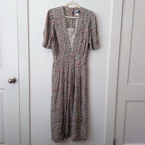 VTG Sage Green Floral Maxi‎ Dress 14 Prairie Cottage Modest Romantic Lace Boho